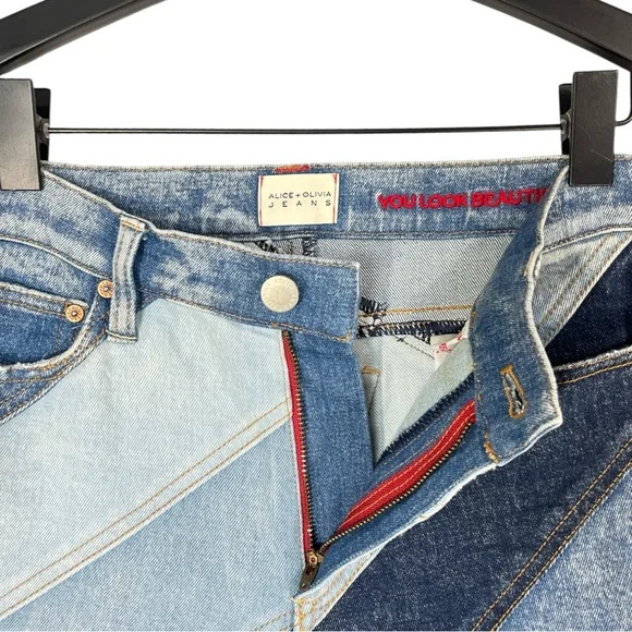 Alice + Olivia Beautiful High Rise Wide Leg Jeans - Indigo Twirl Patchwork Sz 26 - Picture 7 of 11